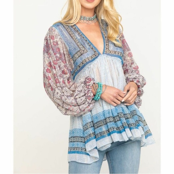 NWOT Free People | Aliyah Printed Tunic Blue Floral Vneck Peasant Top Size XS - Picture 1 of 10